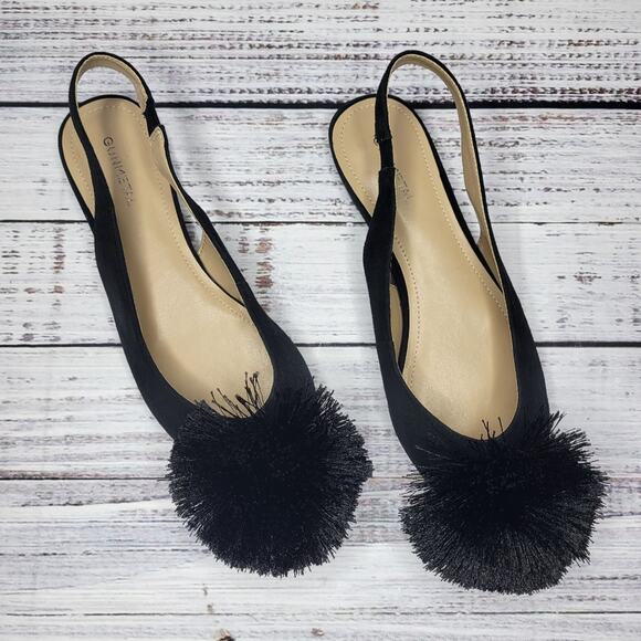 Gunmetal Samantha Pointed Toe Slingback Flats with Pom Pom Black Suede | 8.5 - Picture 2 of 10